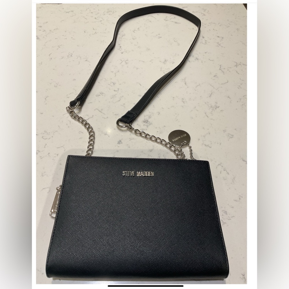 Steve Madden Black & Silver Crossbody Bag with 3 compartments.